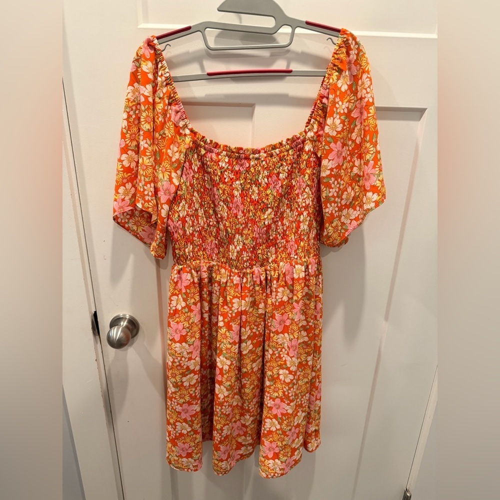 Mittoshop Orange Floral Smocked Puff Sleeve Dress Size L